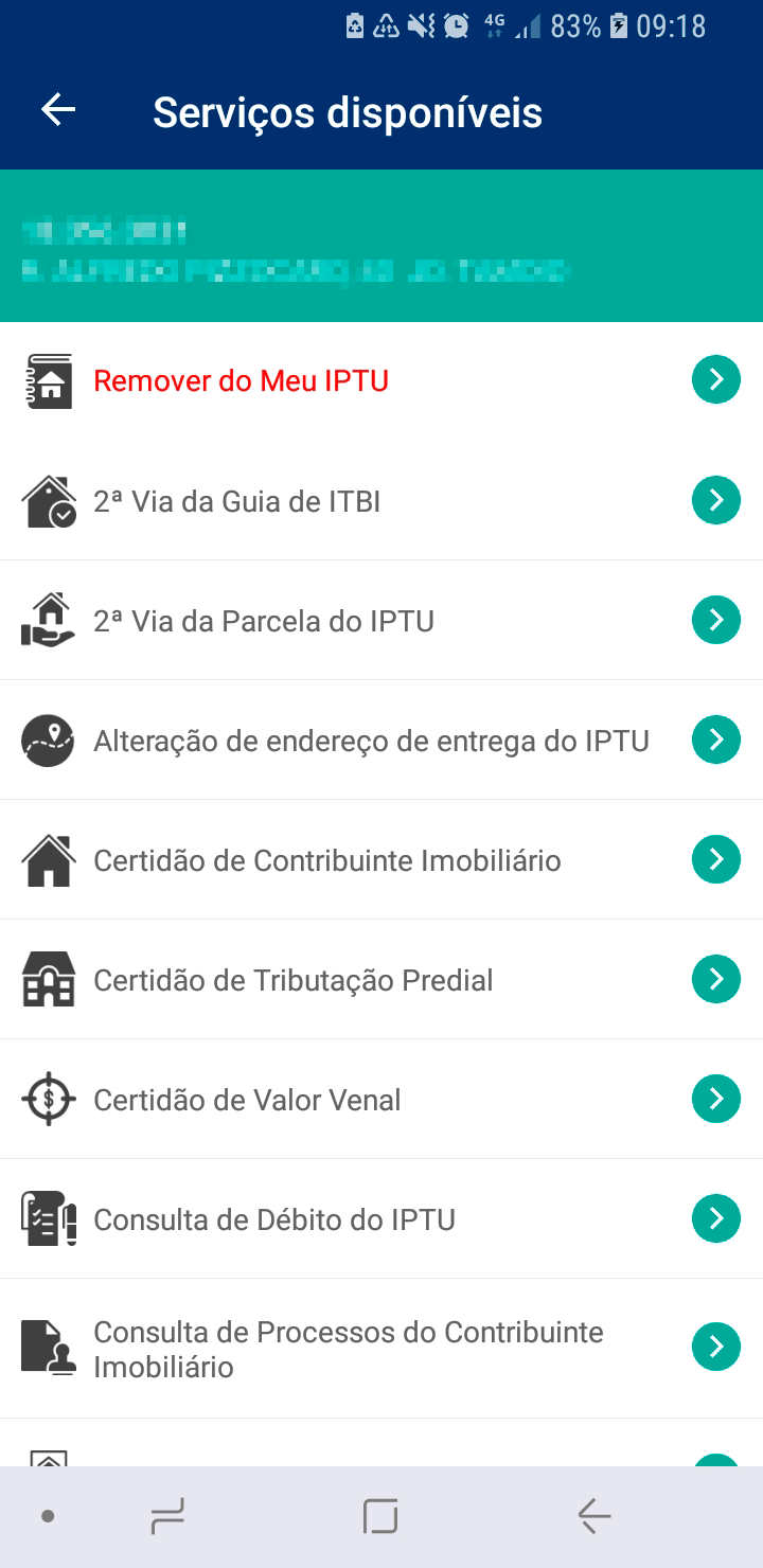 Tela do Aplicativo Prefeitura de Jundiaí com a lista de serviços disponíveis para o imóvel cadastrado