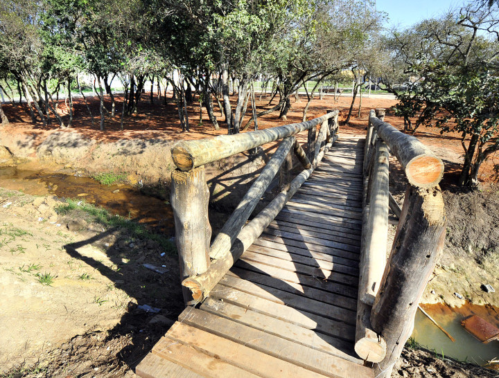 A ponte de madeira ajuda a compor o projeto paisagístico