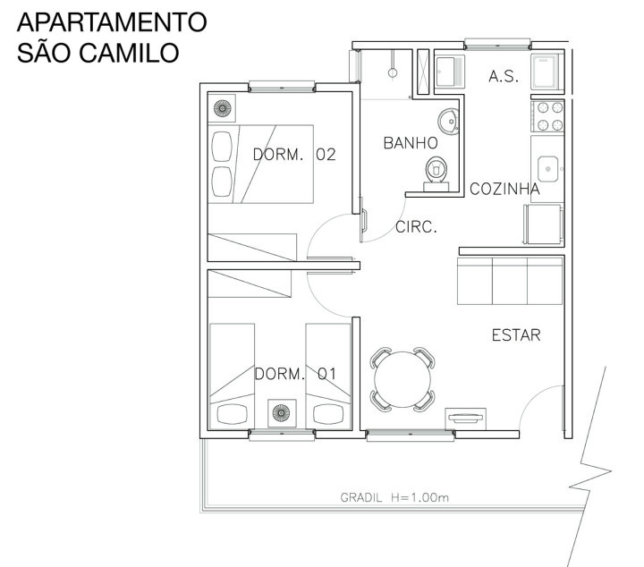 Planta do apartamento, com dois quartos, sala, cozinha, banheiro e varanda
