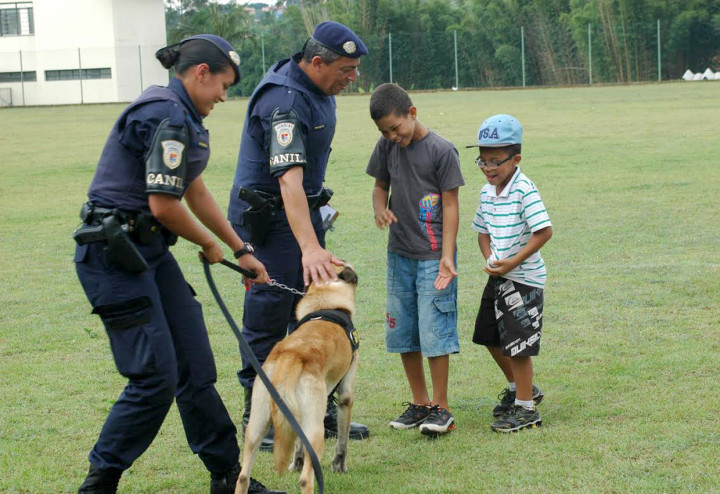 Crianças se aproximam dos cães da Guarda Municipal