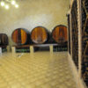 Garrafas de vinho em adega vertical e tonéis ao fundo