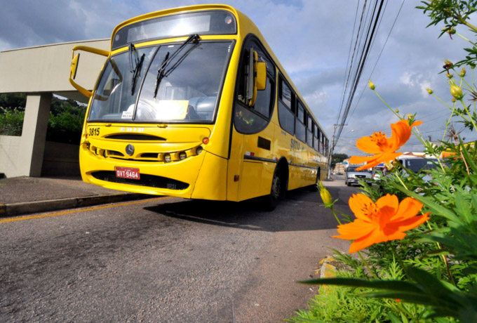 Foto de ônibus estacionado no ponto. Em primeiro plano, arbusto com flores