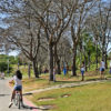 Pista de corridas de parque arborizado, com menina de costas andando de bicicleta