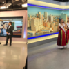 Fotos de dois estúdios de televisão com apresentadores e mulheres com traje de gala
