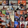 Mosaico de pessoas tocando instrumentos como viola, violino e violoncelo