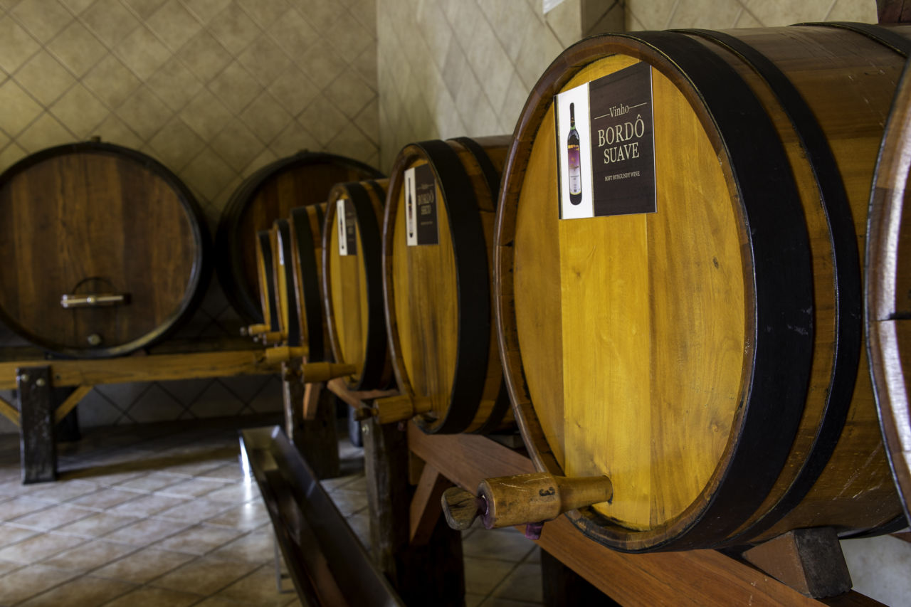 Imagem mostra toneis de vinho para degustação em adega de Jundiaí