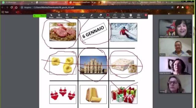 Imagem mostra tela de computador durante aula de italiano com figuras diversas, no canto direito, mosaico com quatro telas de professora e participantes.