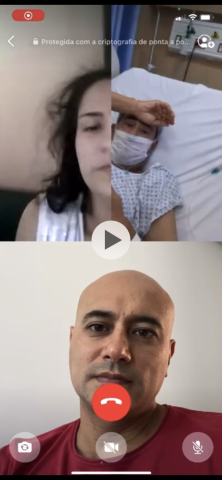 Imagem mostra a tela dividida em três partes. Na superior estão uma mulher à esquerda e um homem, em cama de hospital à direita. Na parte de baixo, homem e ícones da chamada. 