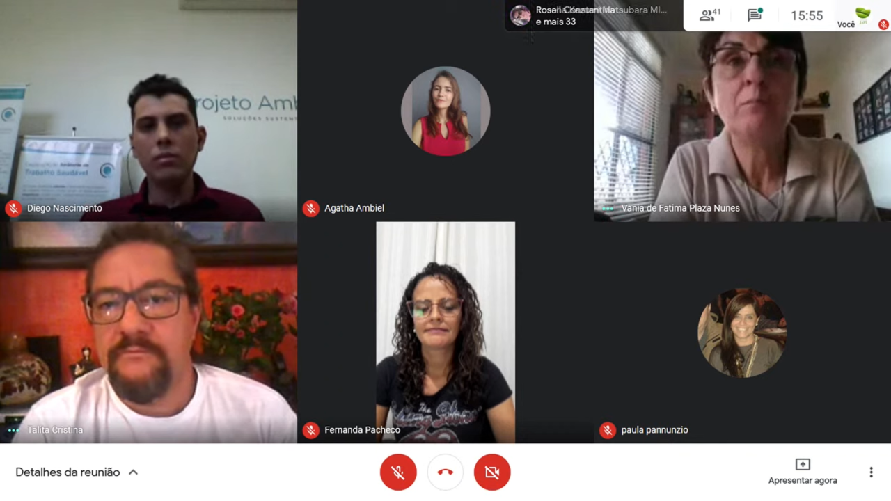 Imagem mostra reunião virtual com tela dividida com imagens de seis participantes