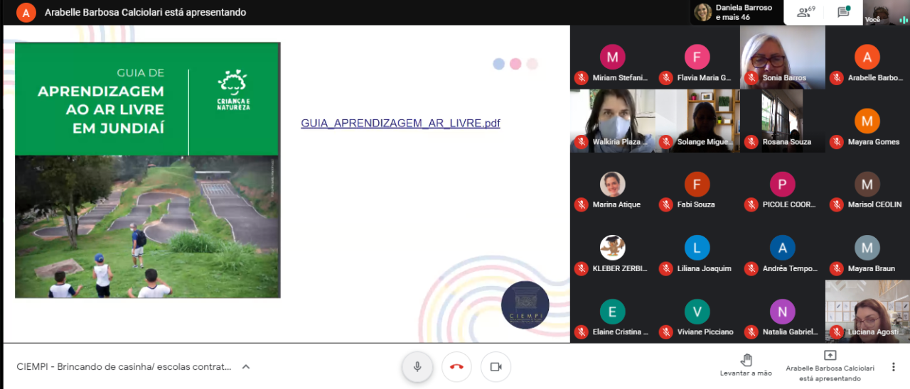 Imagem mostra reunião virtual com apresentação de slides e tela dividida entre as pessoas participantes