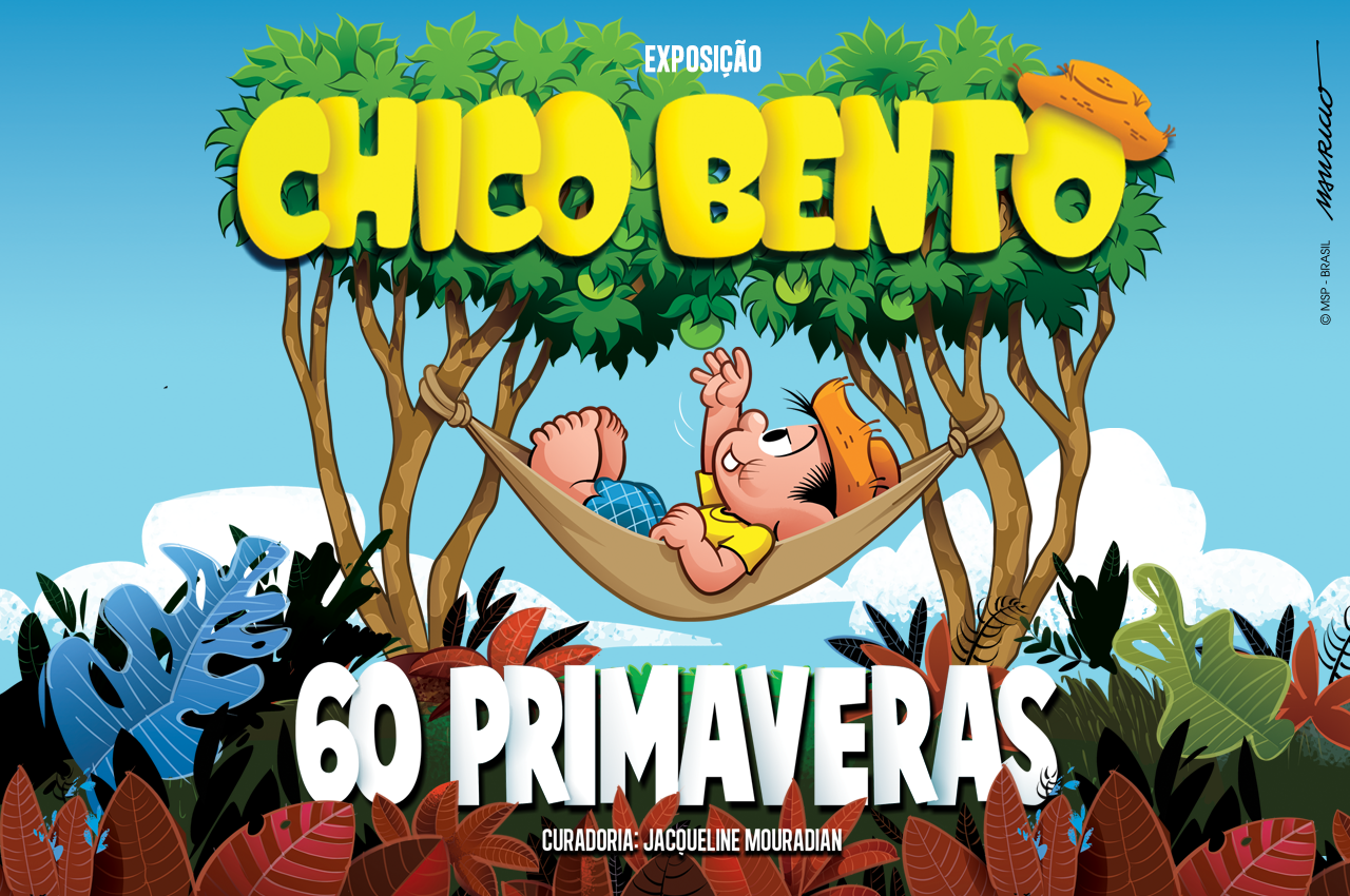 Ilustração de garoto com chapéu de palha deitado em rede amarrada em duas goiabeiras com fruto no pé, com folhagens coloridas de diversos tamanhos sobre o chão, e onde se lê: Exposição Chico Bento 60 Primaveras - Curadoria: Jacqueline Mouradian