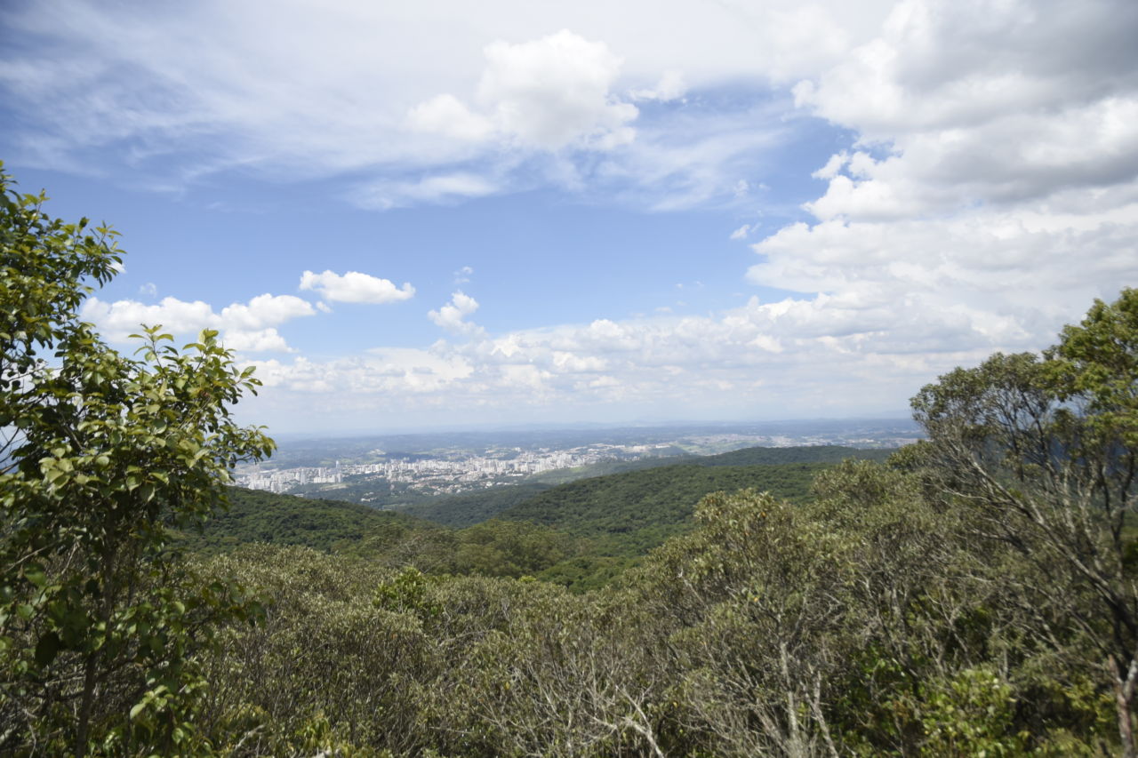 Imagem mostra serra, coberta com vegetação, árvores, ao fundo pode-se avistar cidade. Céu está azul e com nuvens claras.