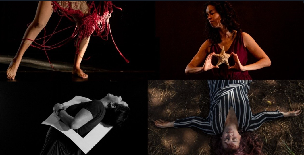 Mosaico de fotos de mulheres em posições diversas dançando e interagindo com ambientes como um palco e um chão com terra e grama