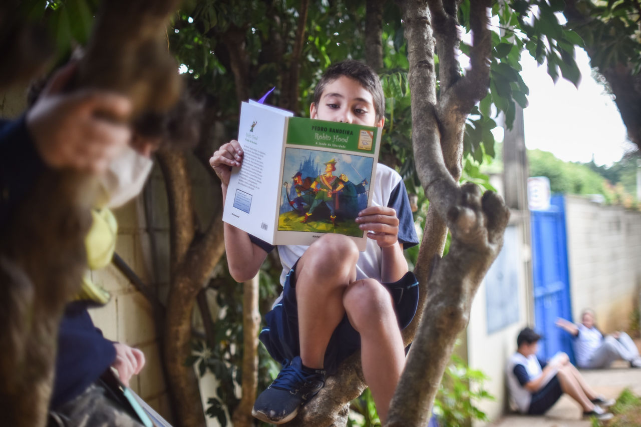DESCRIÇÃO DA IMAGEM:
Em um ambiente externo, crianças são vistas lendo livros. No foco, um garoto está sentado no tronco de uma árvore, com um livro nas mãos.