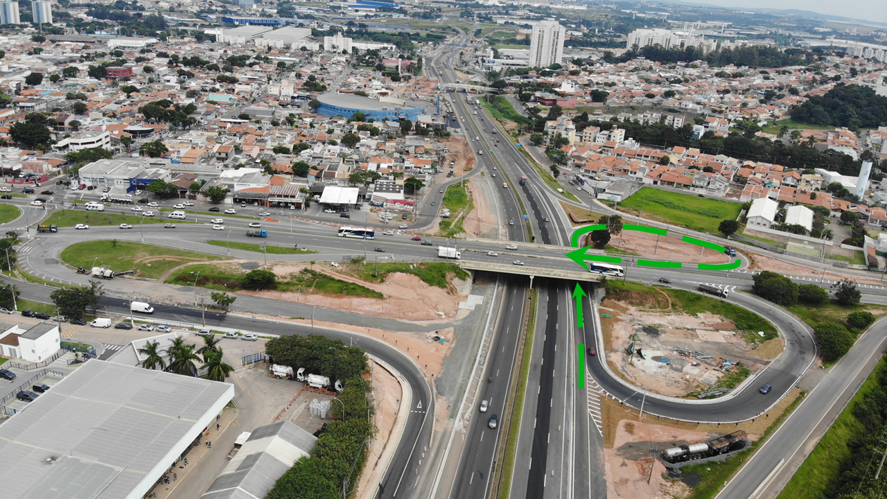 Imagem aérea mostra a rodovia João Cereser e o traçado onde ocorrerá a liberação do acesso, com setas verdes
