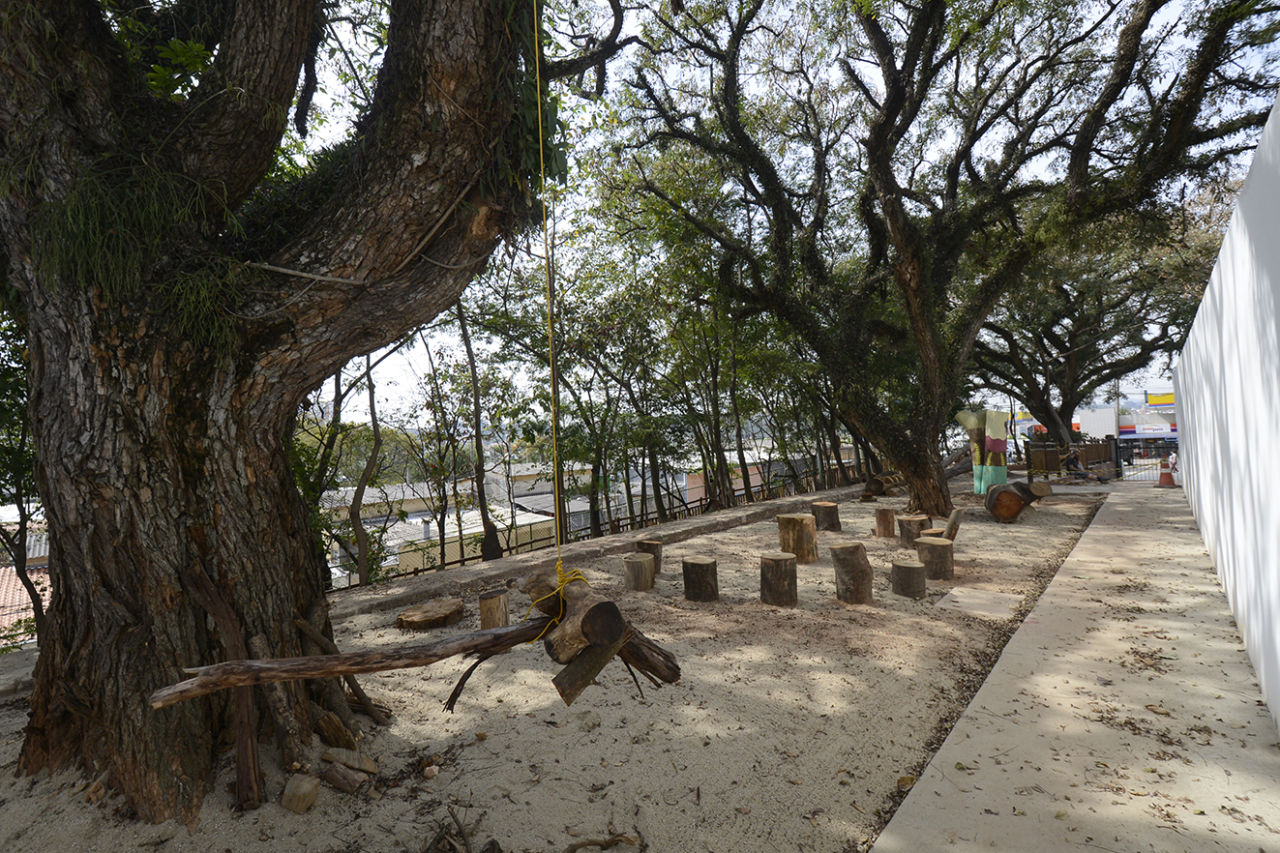 Parque com árvores de troncos grossos e copas com folhas, com uma corda com troncos de madeira pendurada, em canteiro de areia com troncos de madeira cortados e alinhados de modo sinuoso