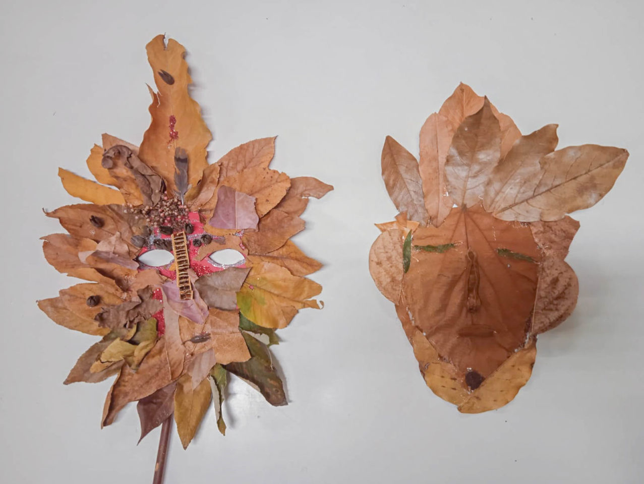 Nesta imagem contém duas máscaras produzidas pelos alunos com os elementos naturais (folhas e galhos) coletados no dia da visita.