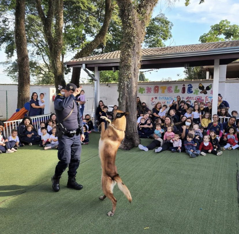 DESCRIÇÃO DE IMAGEM: Guarda municipal fardado faz acrobacias com o cão pastor para crianças, que estão sentadas, no entorno, observando, encantadas