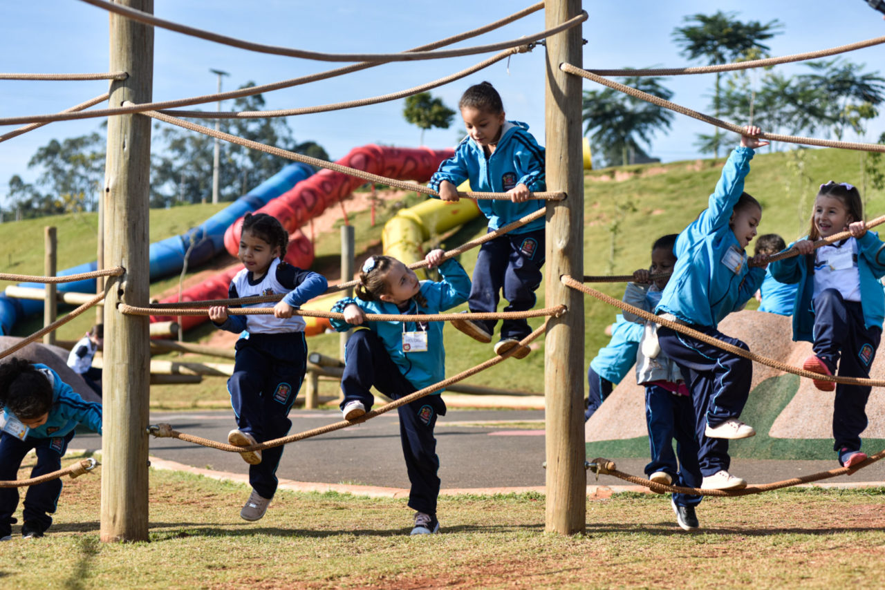 foto de crianças brincando em cordas amarradas em troncos.  
