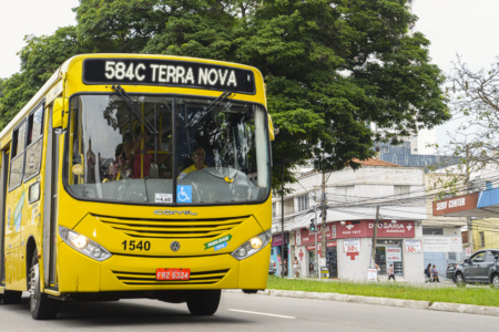 Na imagem está um ônibus amarelo da linha municipal 584 - Terminal Rami / Terra Nova.