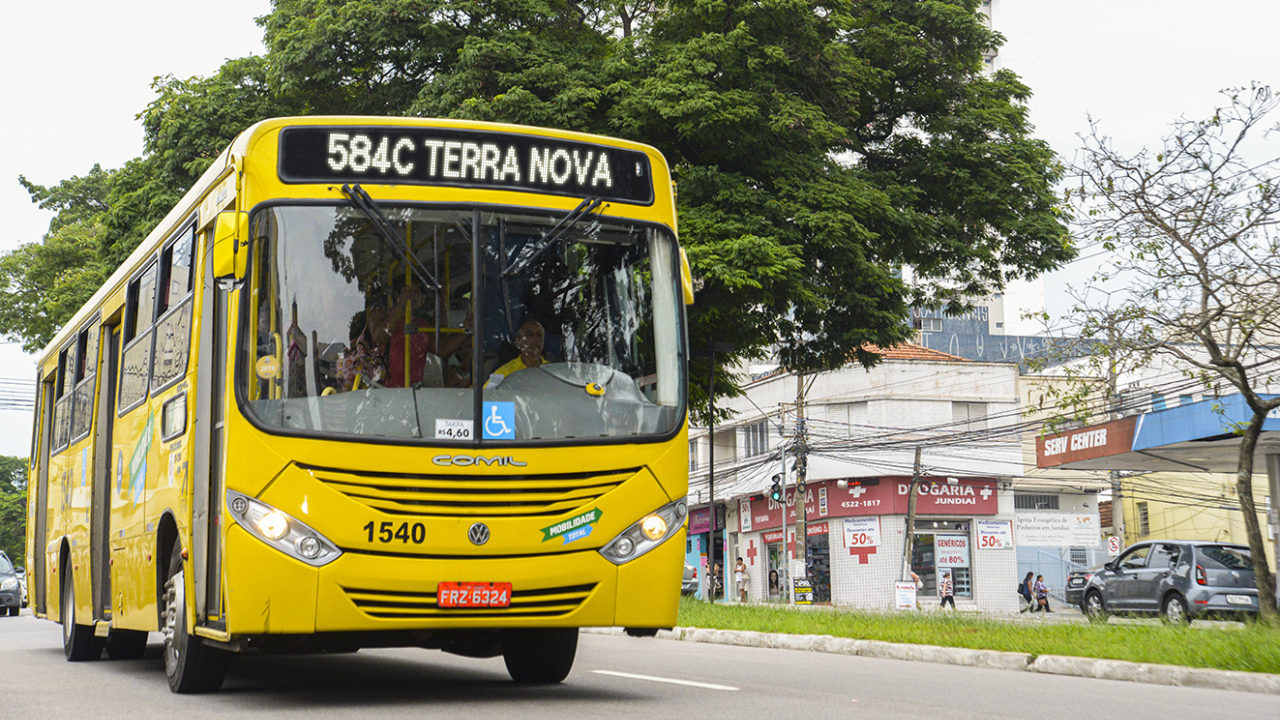 Na imagem está um ônibus amarelo da linha municipal 584 - Terminal Rami / Terra Nova.