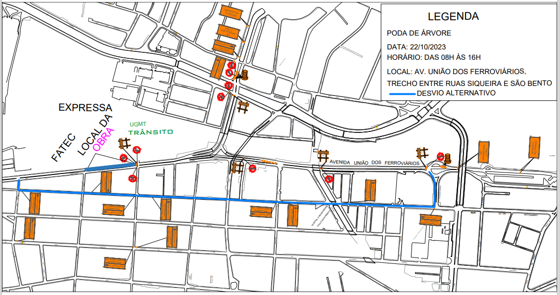 A imagem é de um mapa que indica um trecho de interdição: Trecho da Avenida União dos Ferroviários será interditado neste domingo (22), para poda de árvores.