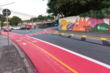 A foto mostra a ciclofaixa da rua Barão do Rio Branco dando continuidade à rua Lacerda Franco, na Vila Arens.